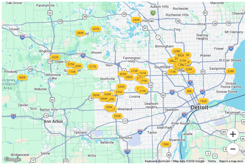 Map of Lucas Winkler's recent listings and sales across South East Michigan